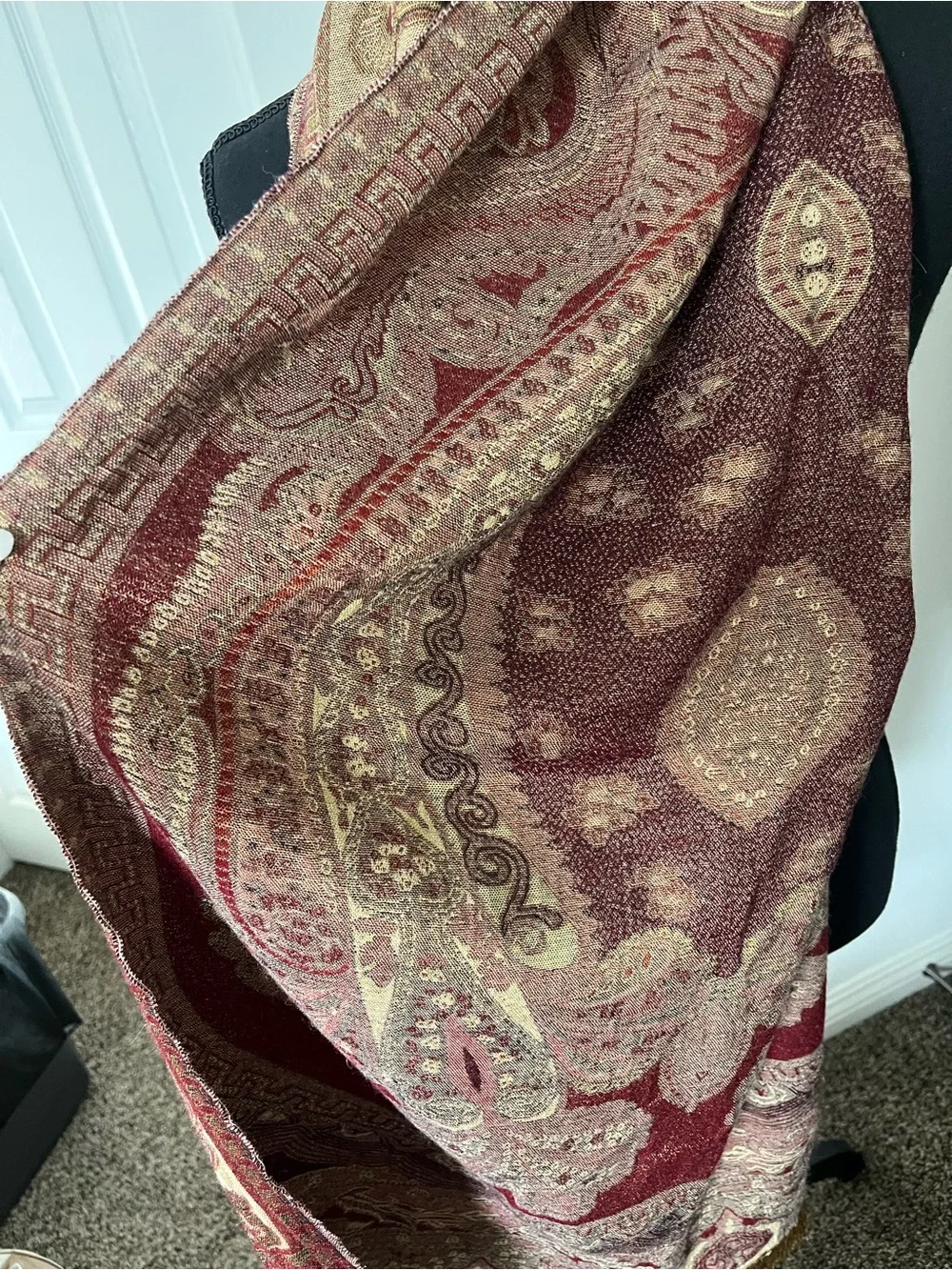 Vintage Paisley Fringe Scarf Shawl Wrap – Burgundy, Gold & Tan